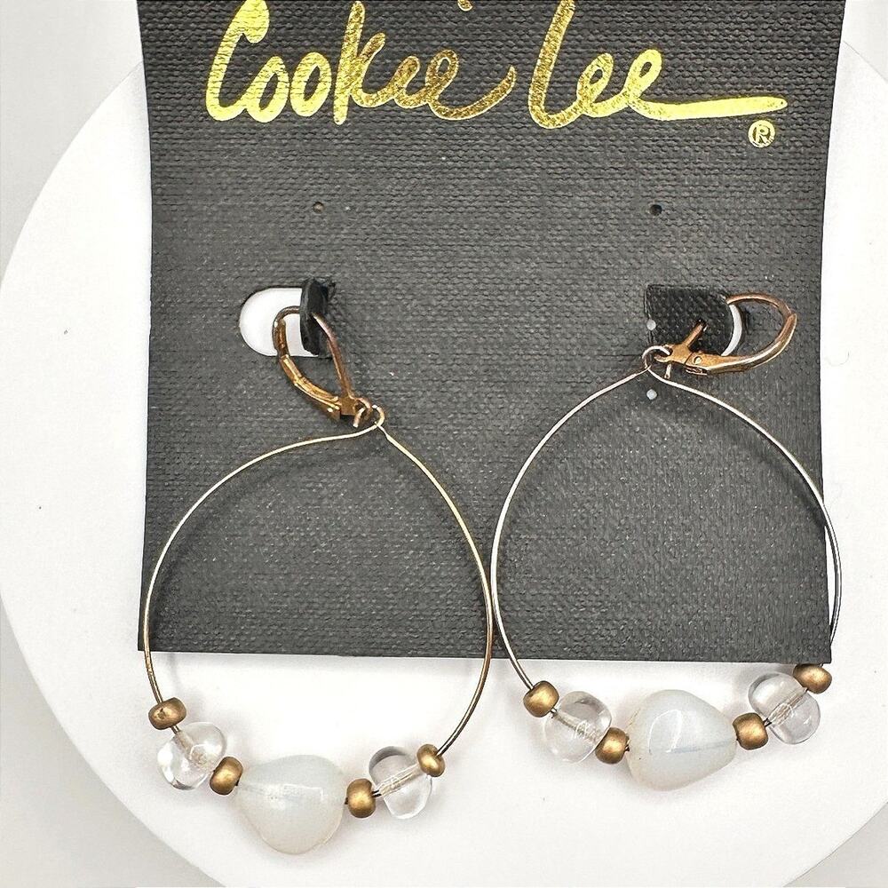 Vintage 90s Cookie Lee Gold Tone Cream Clear Bead Hoop Dangle Earrings Jewelry